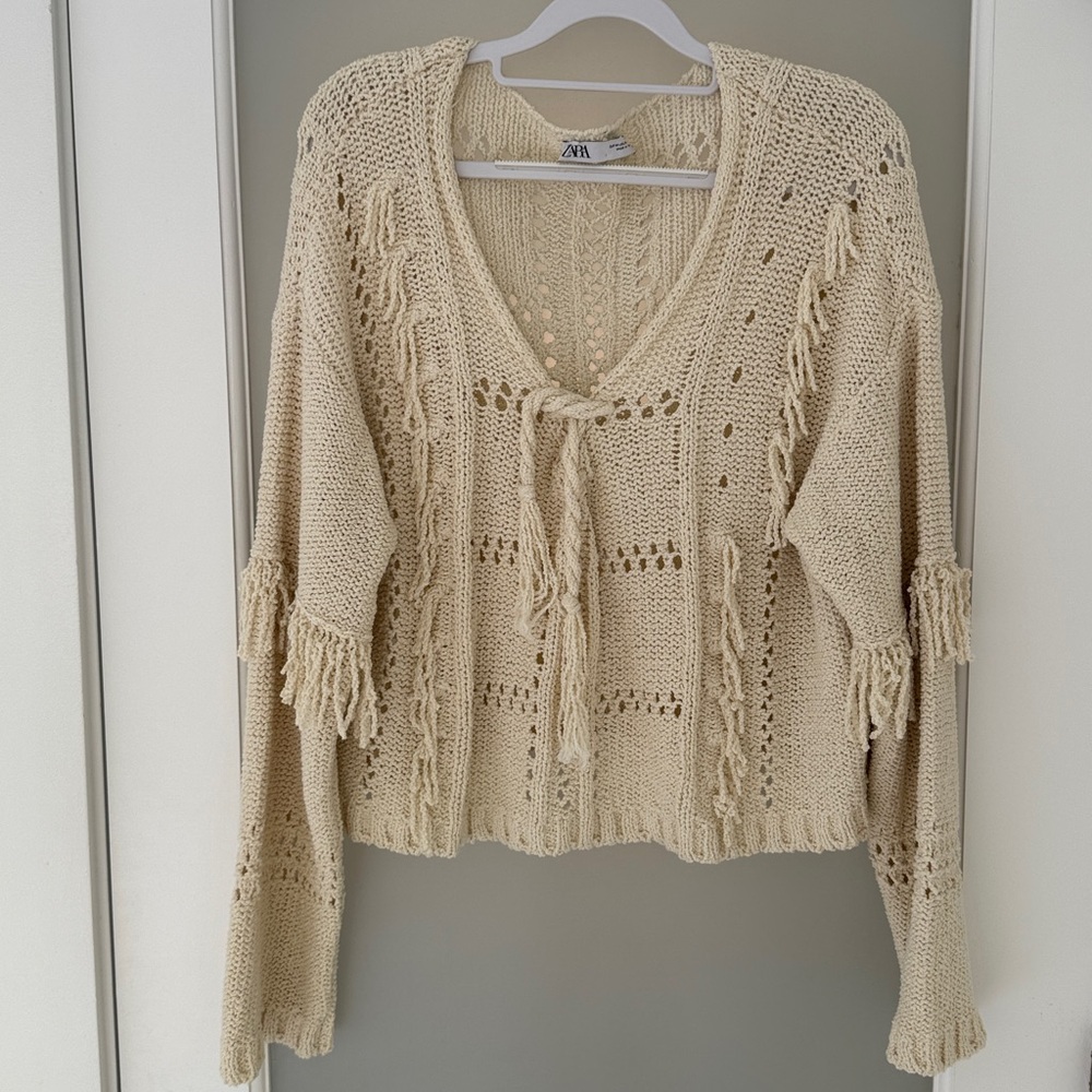 Zara Beige Bohemian Knit Sweater with Tassels